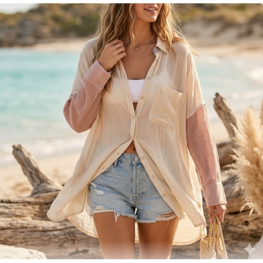 Free People Button-Up Top or Coverup Size XS Oversized Beachy Boho Rainbow Rays - Picture 2 of 11
